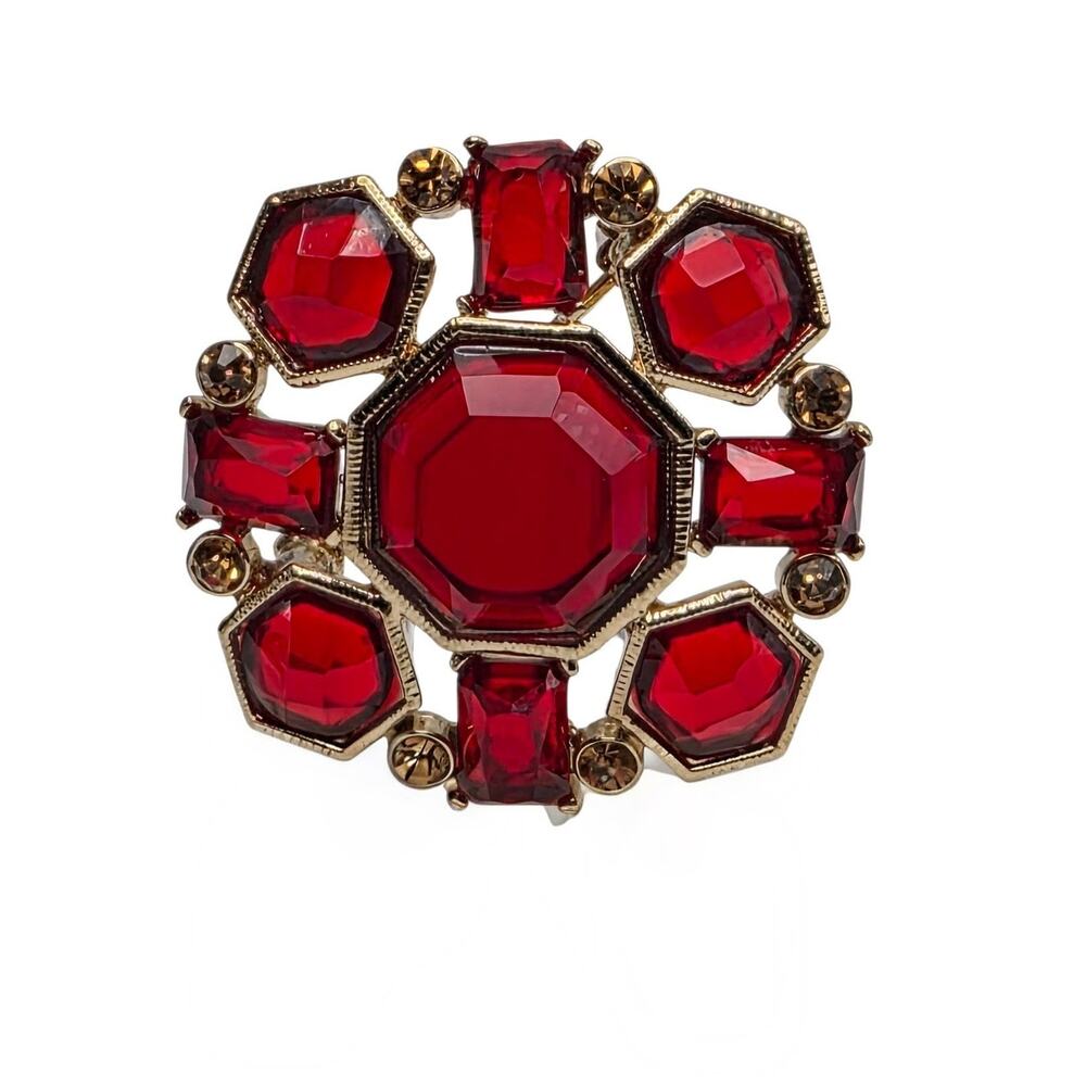 Vintage Monet Red Rhinestone Brooch Gold Tone Statement Pin